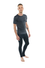 Dark gray charcoal heather short-sleeved athletic tee with subtle textured fabric and small chest pocket