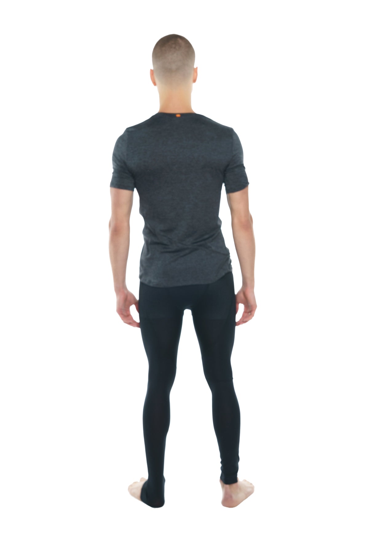 Dark gray short-sleeved perfect pocket crew-neck tee with subtle textured pattern and orange neckline tag