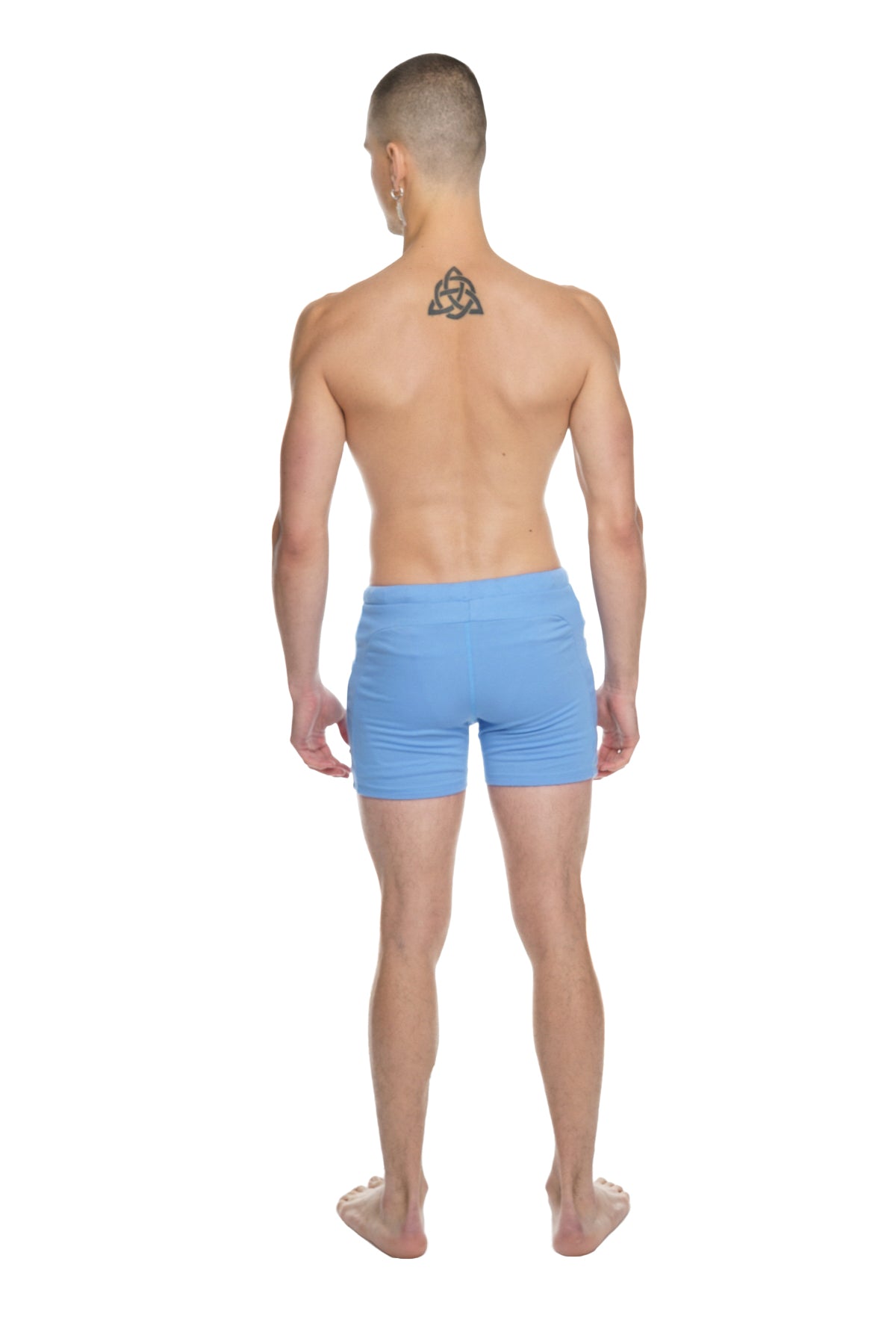 Light blue form-fitting transition yoga shorts designed for comfort and flexibility during workouts