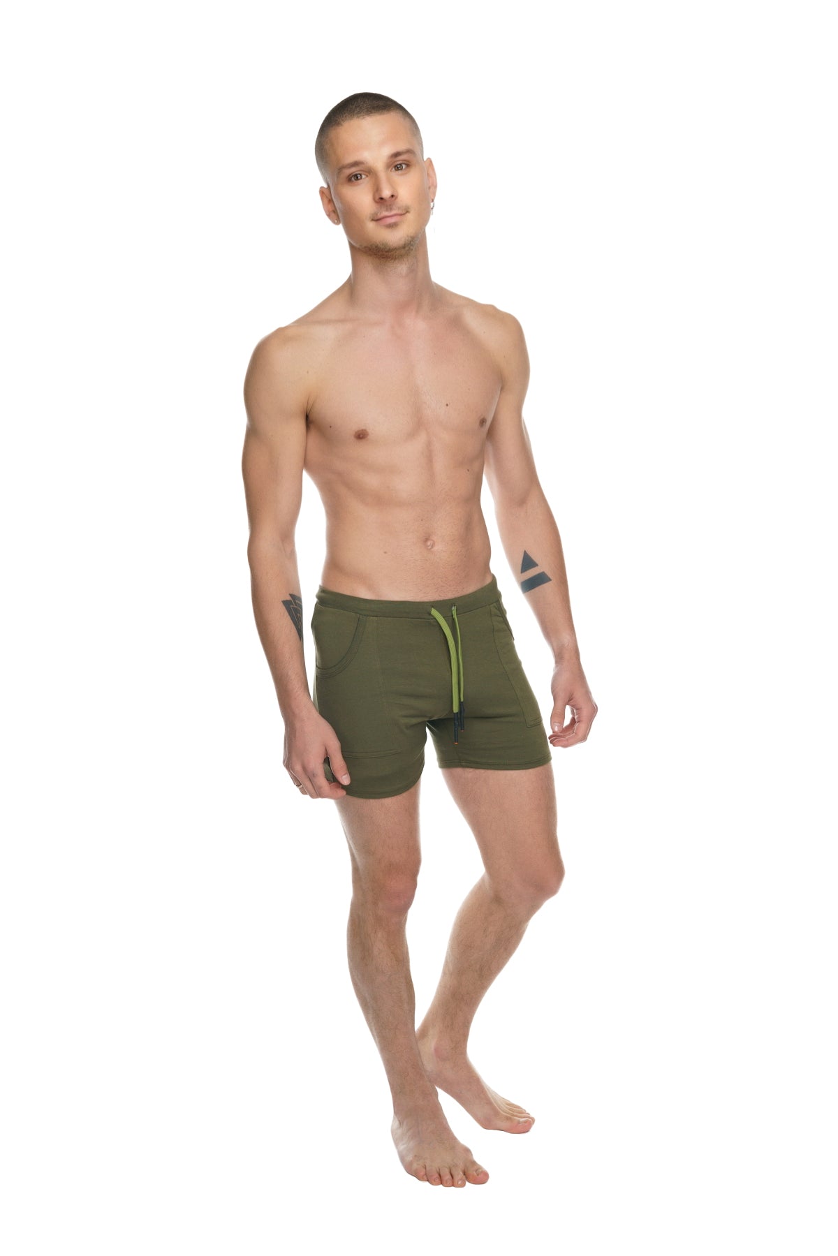 Olive green transition yoga shorts with lime green drawstring designed for athletic and casual wear