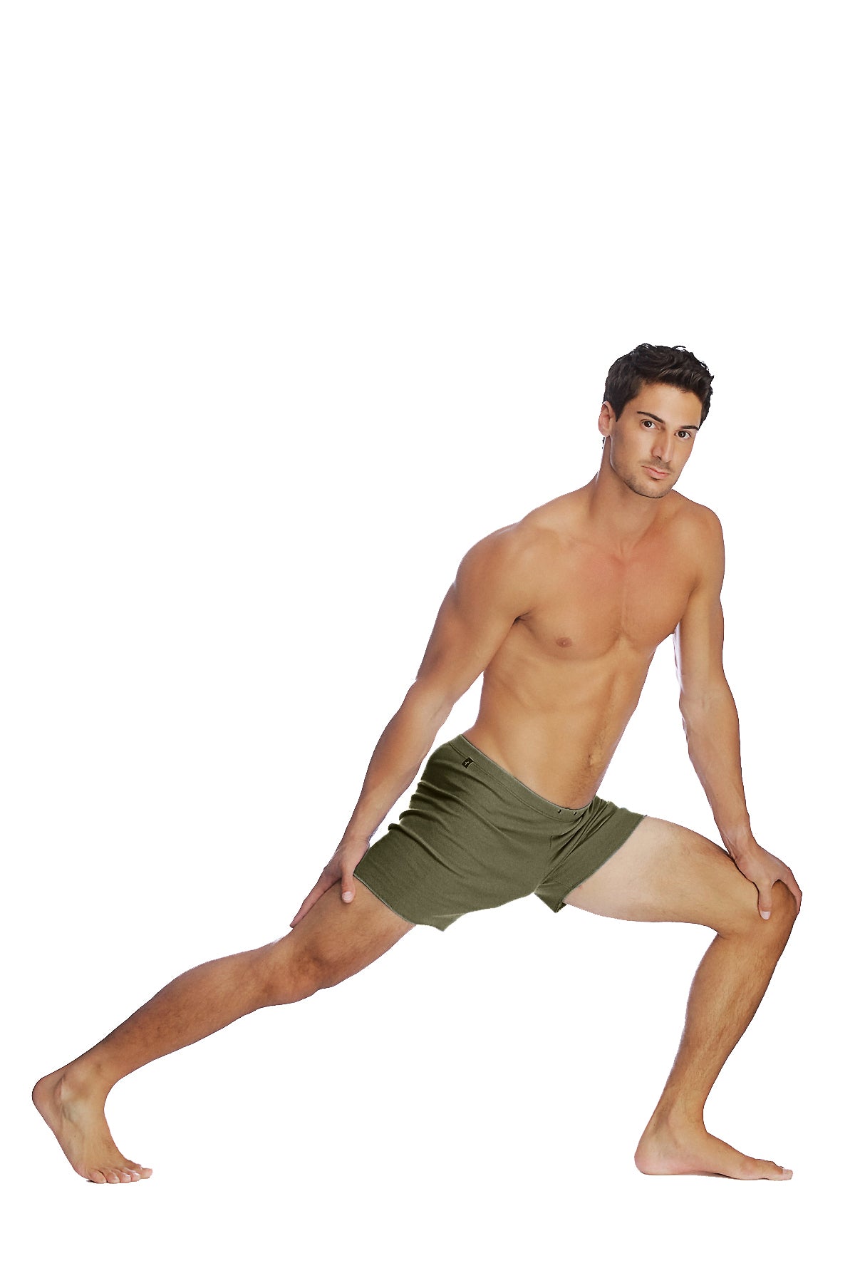 Olive green fusion yoga shorts made of breathable fabric designed for athletic and casual wear
