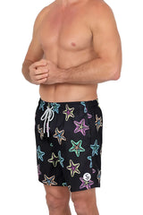 Black 4 way stretch swim shorts with vibrant multicolored starfish neon outlines and white drawstrings for beachwear