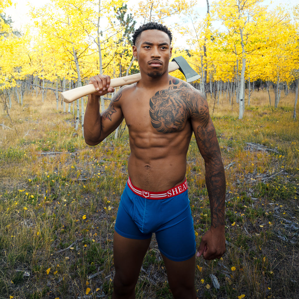 Blue dual pouch boxer briefs with red waistband and shear lettering from sheath 4.0 best-seller 3-pack bundle