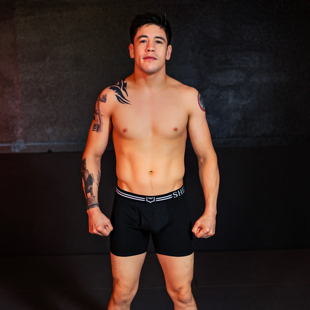 Black briefs with a white striped waistband featuring the she logo from the sheath 4.0 best-seller dual pouch boxer briefs 3-pack