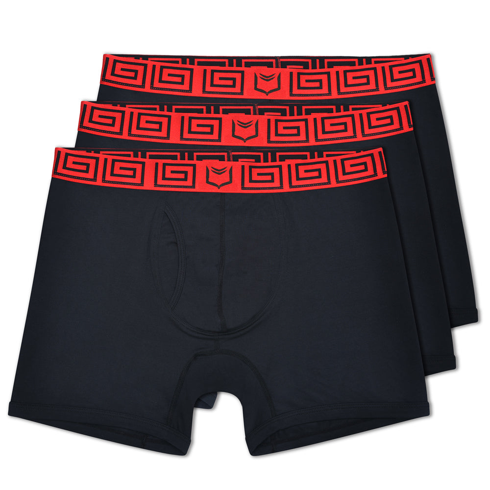 Black sheath 4.0 dual pouch boxer briefs 3 pack with bold red greek key waistband and small black logo