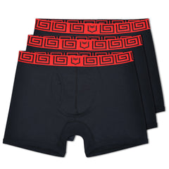 Black sheath 4.0 dual pouch boxer briefs 3 pack with bold red greek key waistband and small black logo