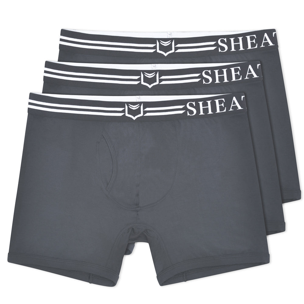 Dark gray dual pouch boxer briefs with white sheath elastic waistband and shield logo in a 3 pack bundle