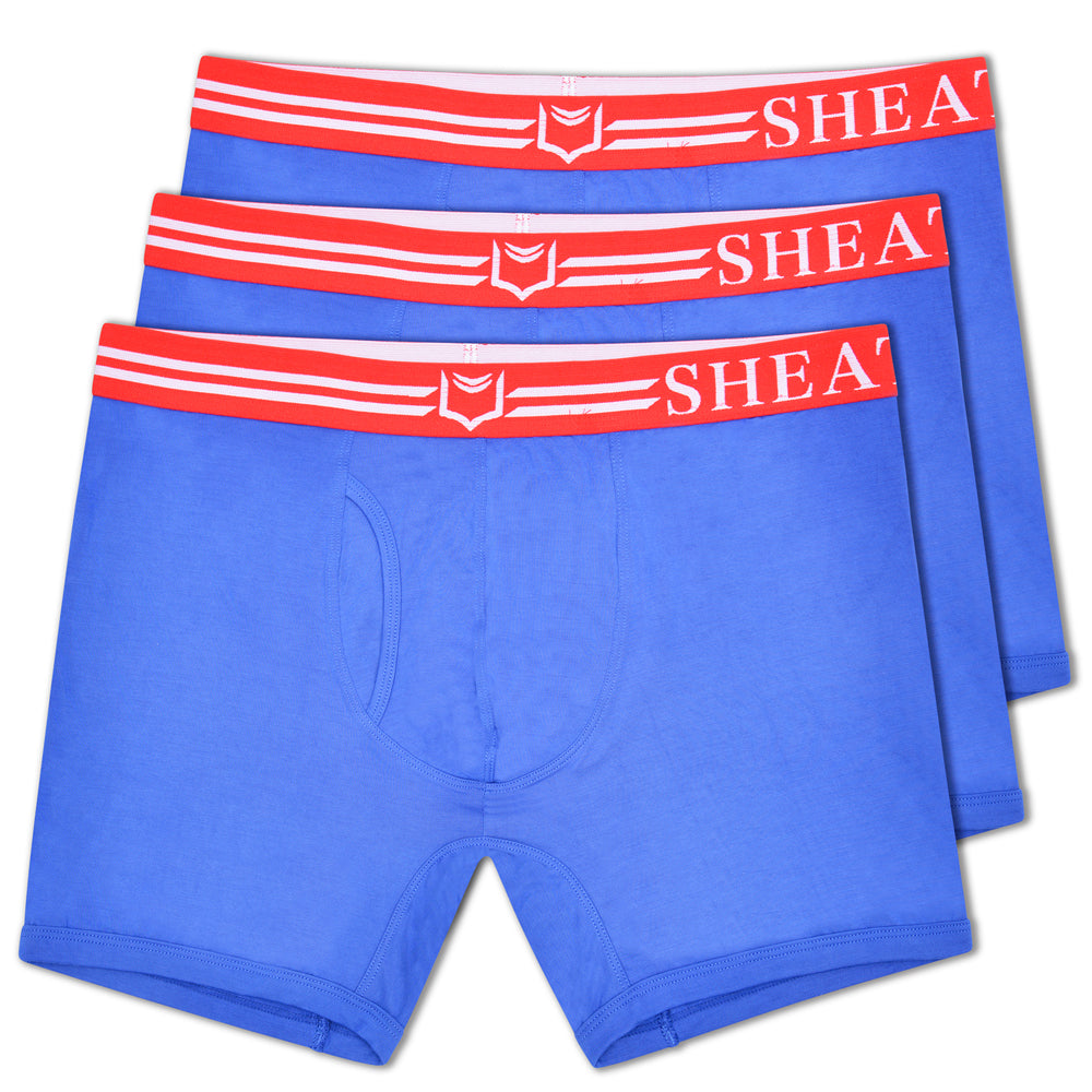 Blue dual pouch boxer briefs with red and white sheath logo elastic waistbands in a 3 pack bundle