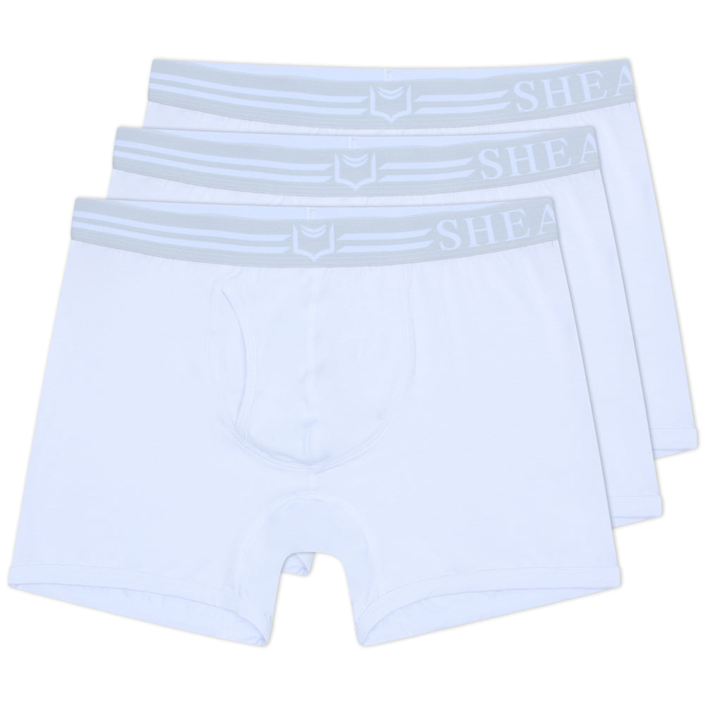 White men’s briefs with light gray elastic waistband featuring shea brand name in sheath 4.0 dual pouch boxer briefs 3-pack