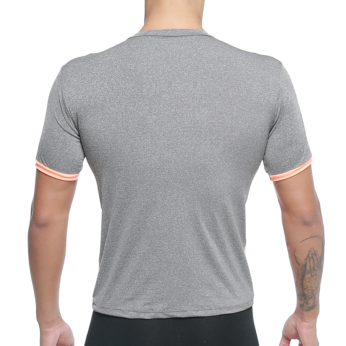 Gray heathered short-sleeved athletic shirt with peach trim on cuffs from metromalewear sib tank top orange 4127-14