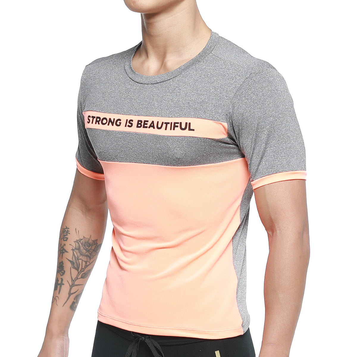 Gray and peach color-blocked MetroMaleWear SIB tank top with strong is beautiful print on the chest
