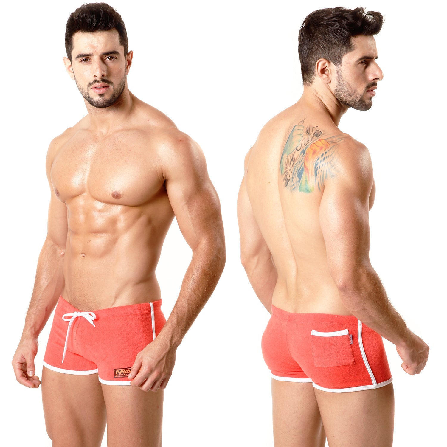 Red athletic terry swim trunks with white trim and side pocket from metromalewear model 4702-12
