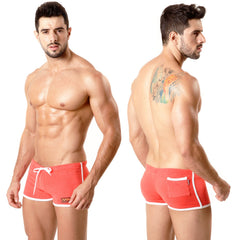 Red athletic terry swim trunks with white trim and side pocket from metromalewear model 4702-12