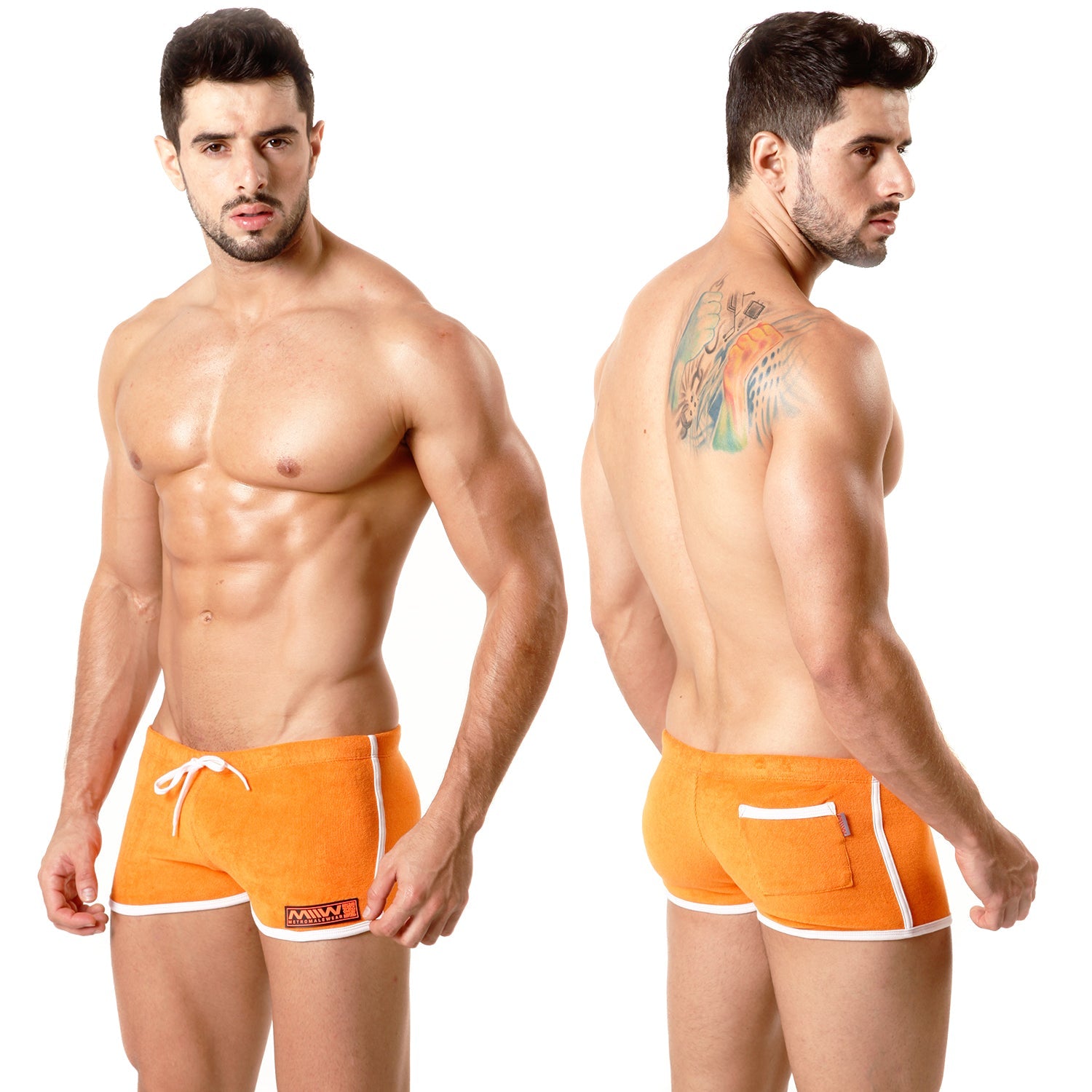 MetroMaleWear terry short orange athletic shorts with white trim and small logo on the side for activewear