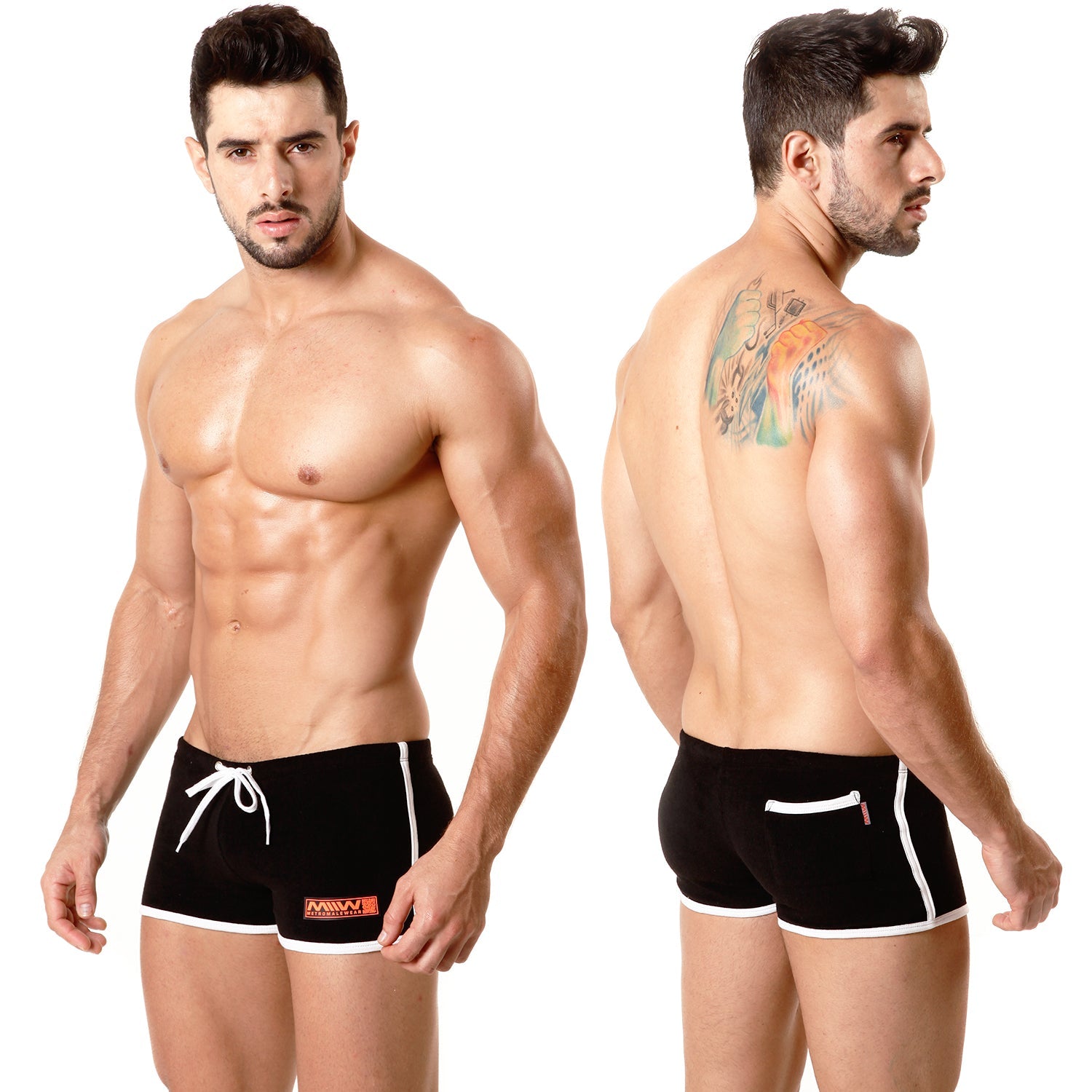 Metro malewear terry short black swim trunks with white trim and drawstring waistband for casual wear