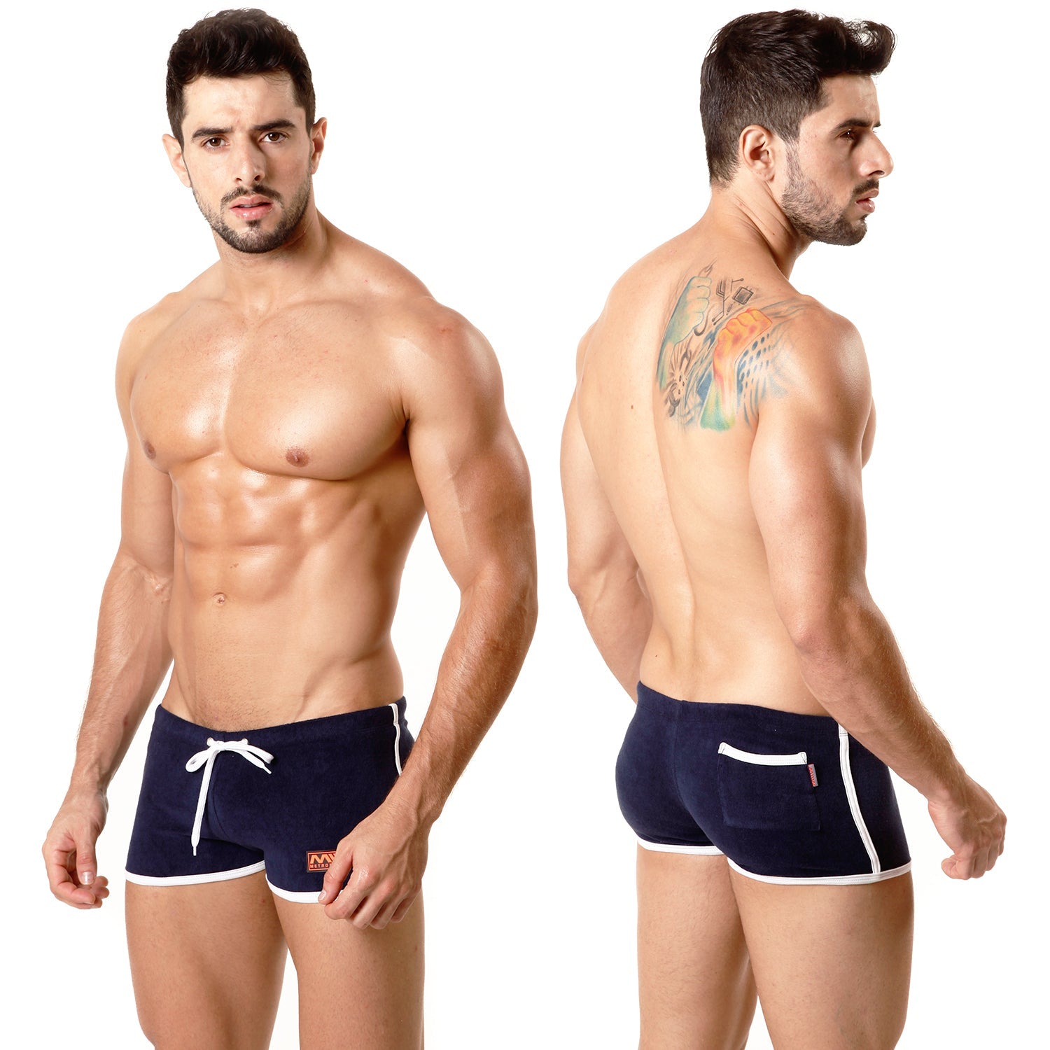 Navy blue terry swim trunks with white trim and front pocket from metromalewear perfect for casual beachwear