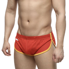 Red mesh athletic briefs with yellow trim from metromalewear soccer split short red 4705-12 collection