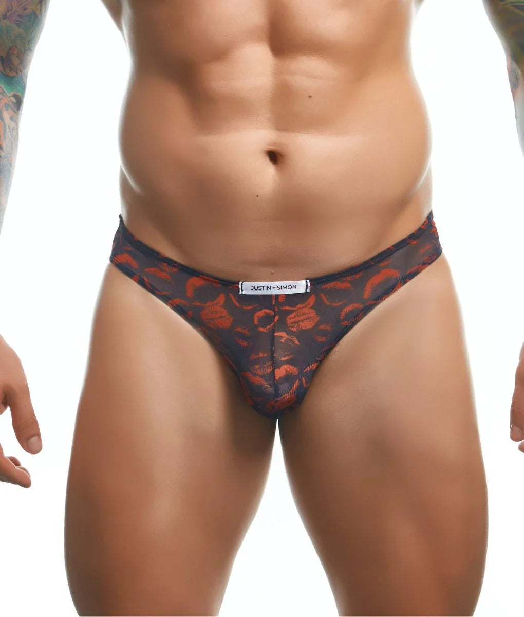 Black and red floral patterned classic mens bikini briefs by Justin Simon made of soft breathable fabric for everyday wear