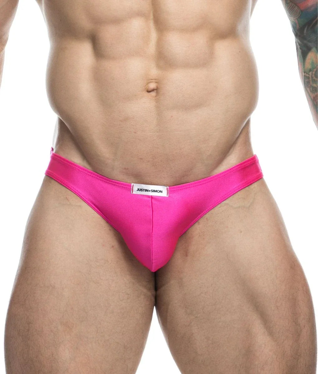 Bright pink sleek satin briefs with justin simon white label at waistband from justin simon classic mens bikini
