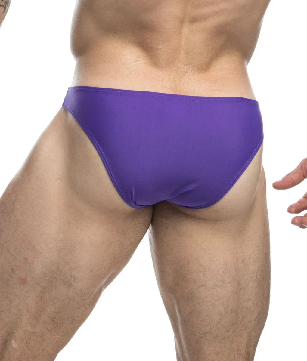 Justin and Simon classic mens bikini purple swim trunks with smooth form-fitting design for comfortable swimming