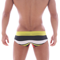 MetroMaleWear classic swim brief green stripe 4914-51 in vibrant yellow black white with red accent at leg opening
