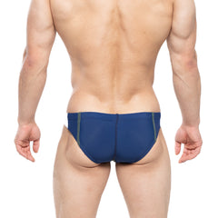 Navy blue swim bikini with green side stripes by MetroMaleWear California made for comfortable beachwear