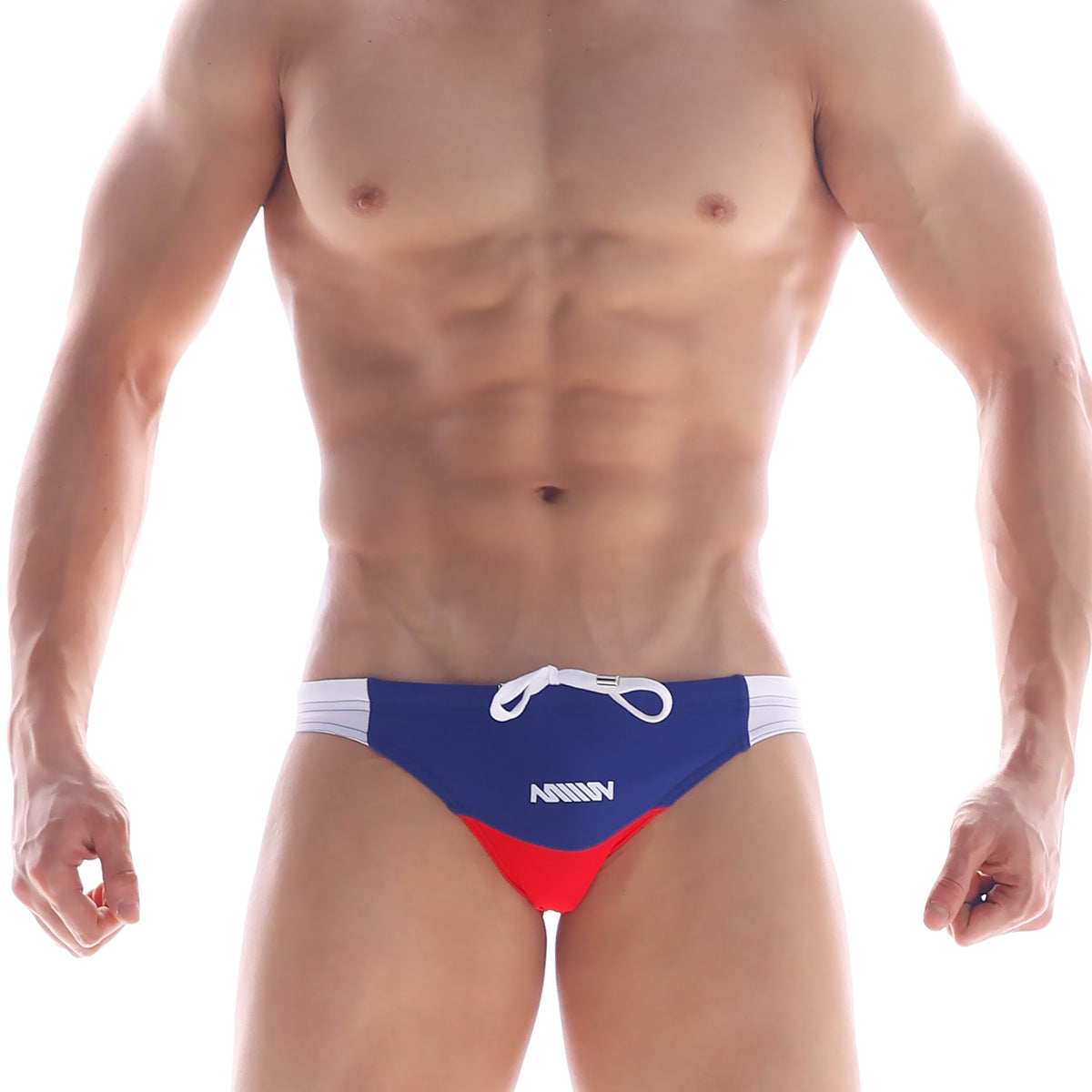 MetroMaleWear California swim bikini navy 4921-28 features blue and red trunks with white side panels and matching drawstring