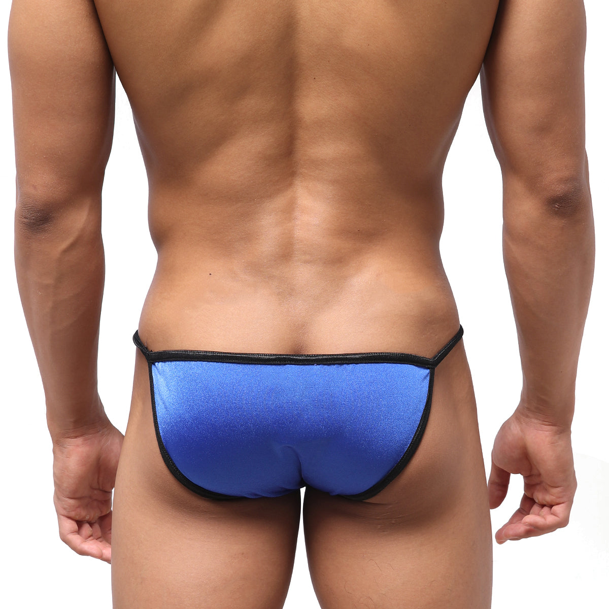 Blue metallic swim bikini with black trim from MetroMaleWear designed for stylish swimwear use