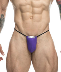 Purple classic g-string bulge briefs with black elastic waistband and white justin simon label for athletic use