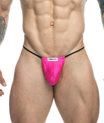 Vibrant pink satin Justin + Simon classic g-string bulge thong with black elastic waistband and white brand label visible