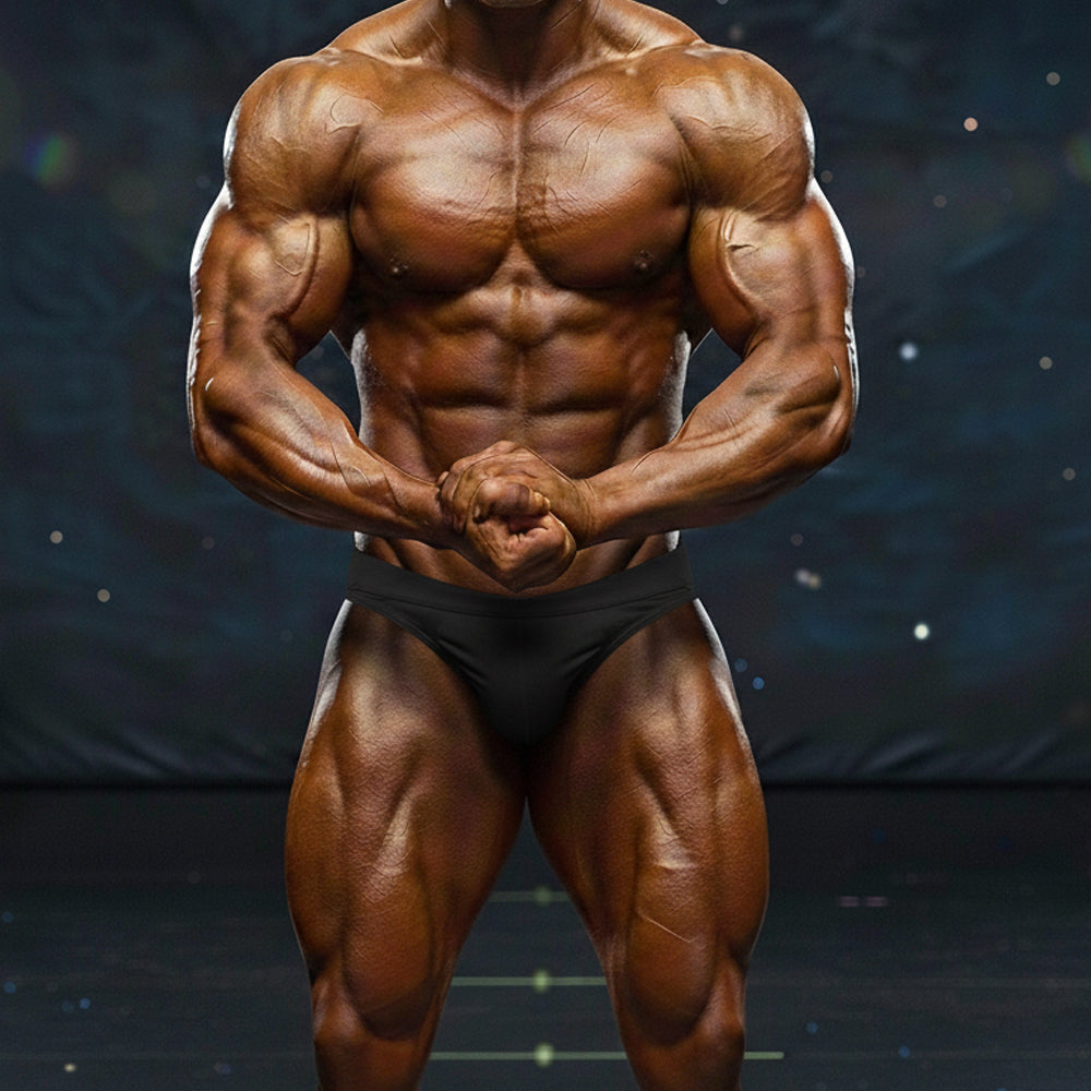 A muscular male bodybuilder wearing a black MetroMaleWear MetroMuscleWear Basic Competition Suit with a defined physique