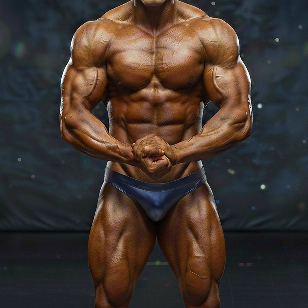 A muscular male bodybuilder wearing dark blue form-fitting MetroMaleWear MetroMuscleWear basic competition briefs