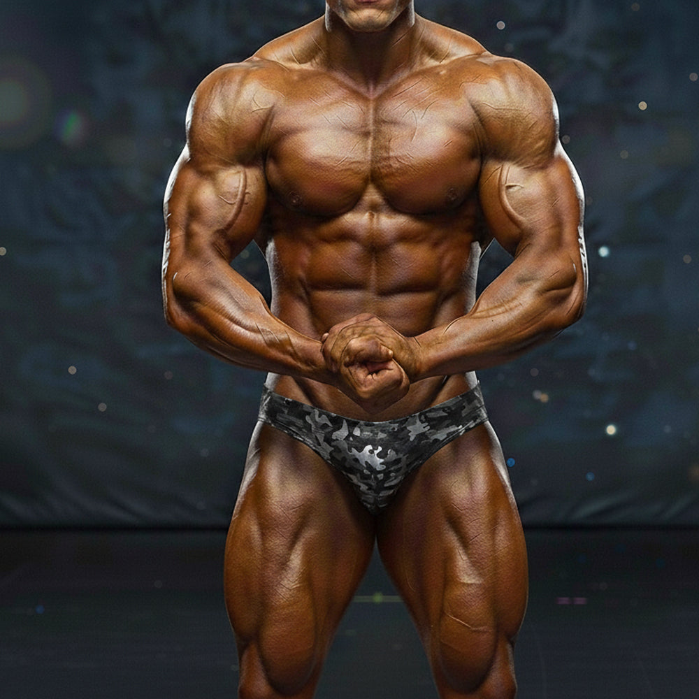 A pair of black and gray camouflage athletic briefs from metromalewear basic competition suit camo 4974-71