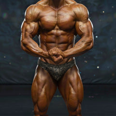 A muscular male bodybuilder wearing dark gray patterned briefs in metro male wear basic competition suit gold 4974 73