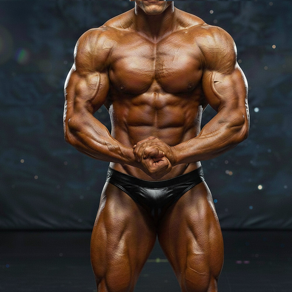A muscular male bodybuilder wearing a sleek black latex brief metro musclewear basic competition suit leather