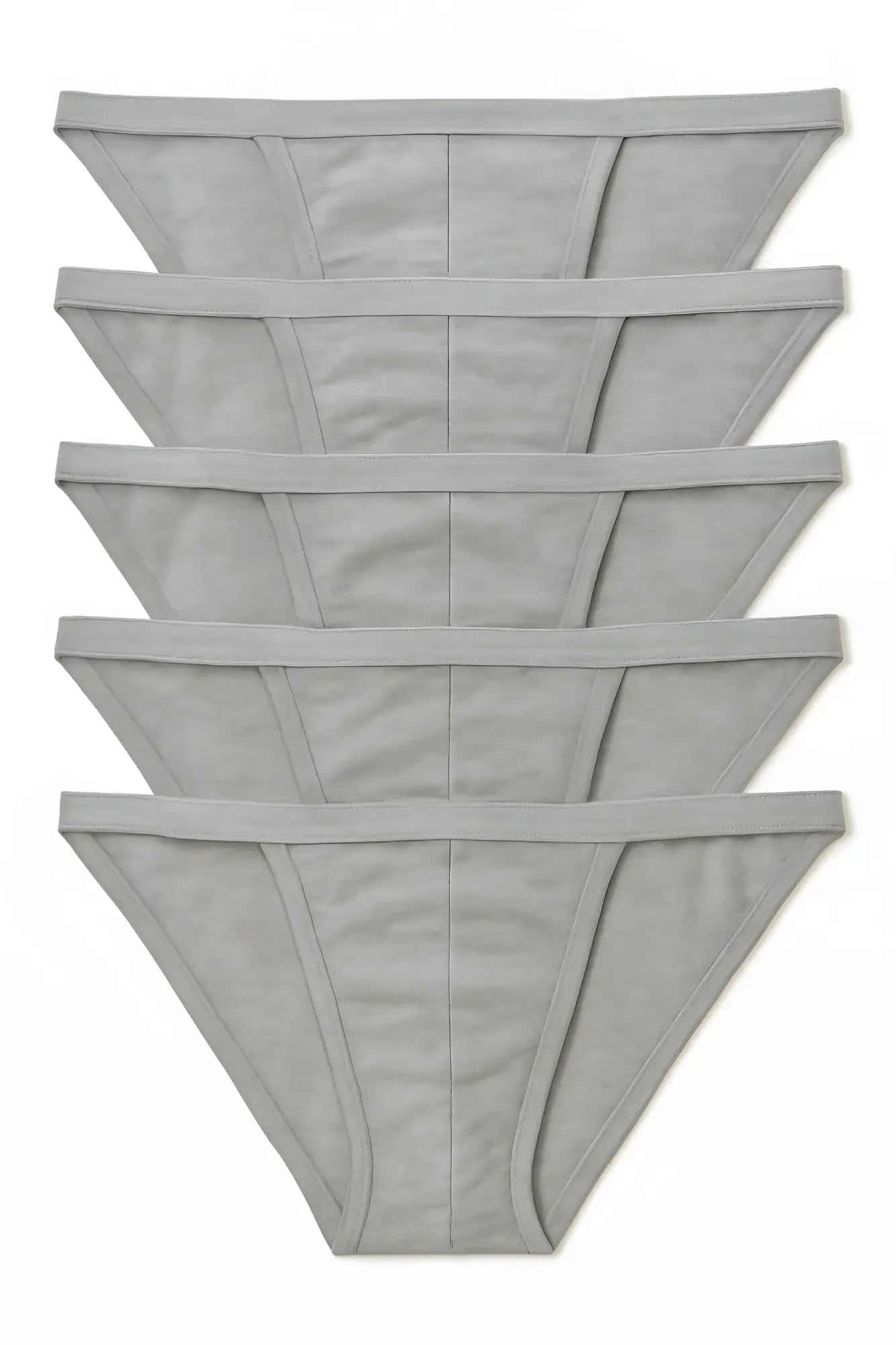 Five light gray cotton contour cutaway bikini thong underwear pieces neatly stacked in a 5-pack for comfort