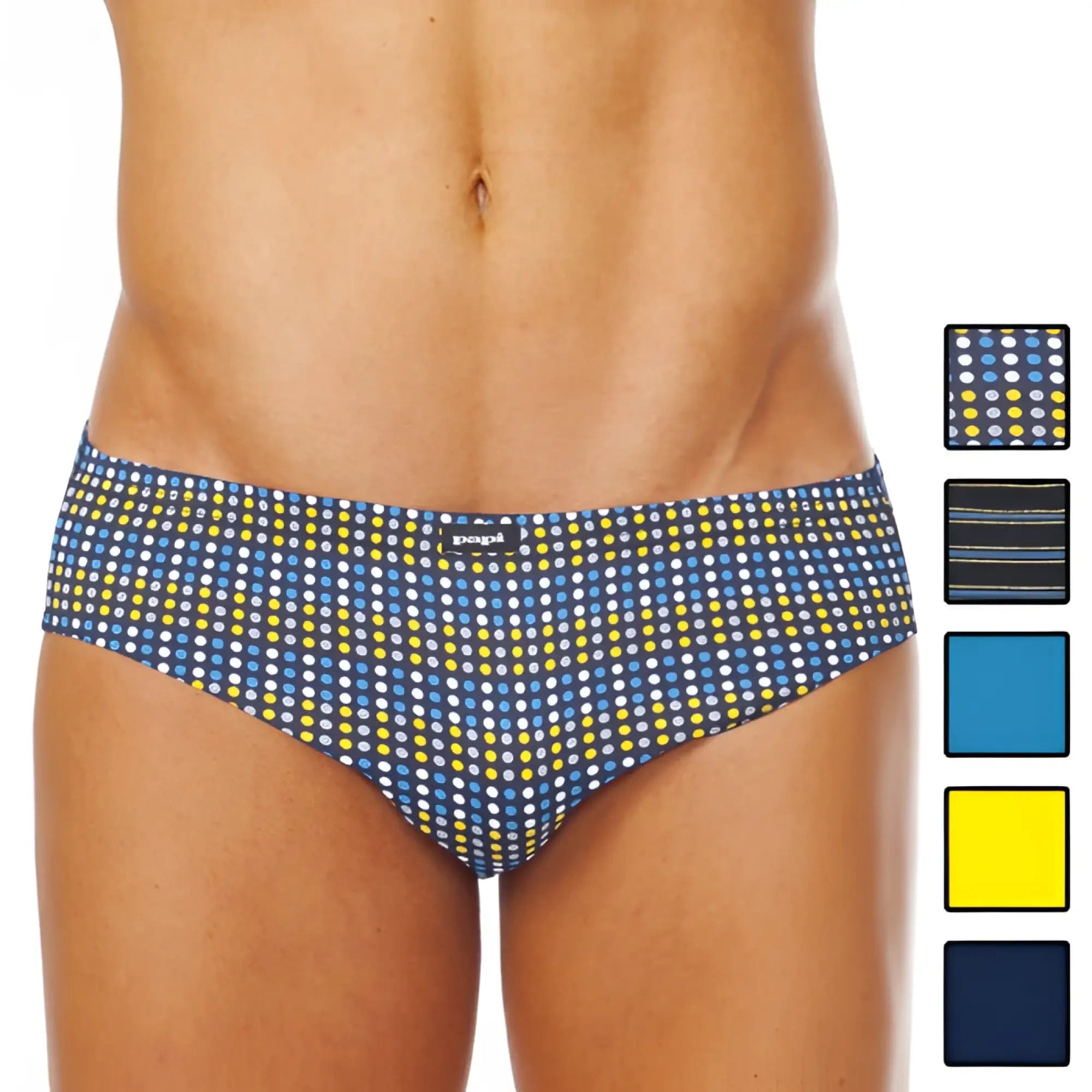 Blue and yellow polka dot men’s briefs with subtle elastic waistband from 5 pack Papi low rise underwear size M