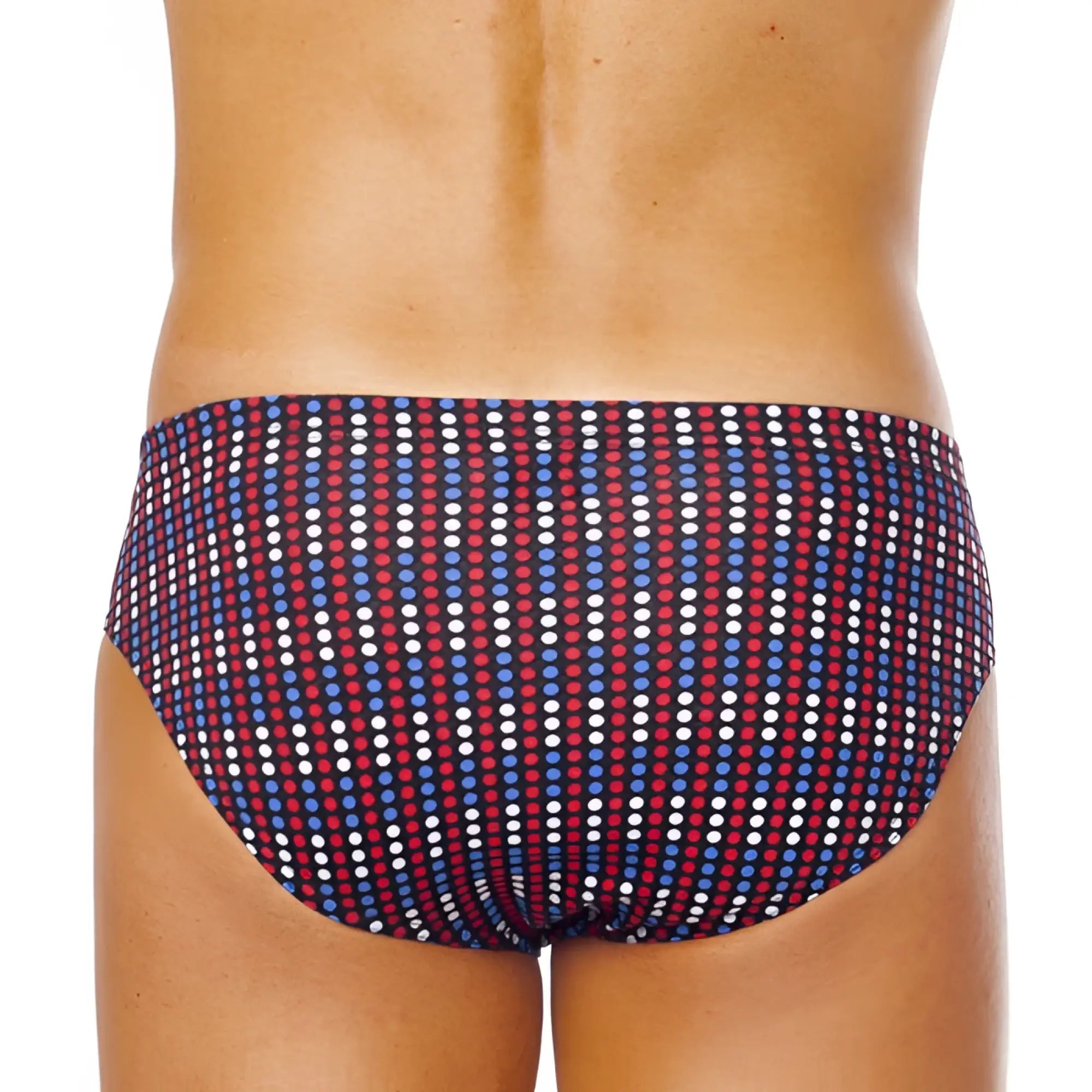 A pair of papi assorted conventional low rise brief underwear in size m with bold red blue and white striped dots on navy