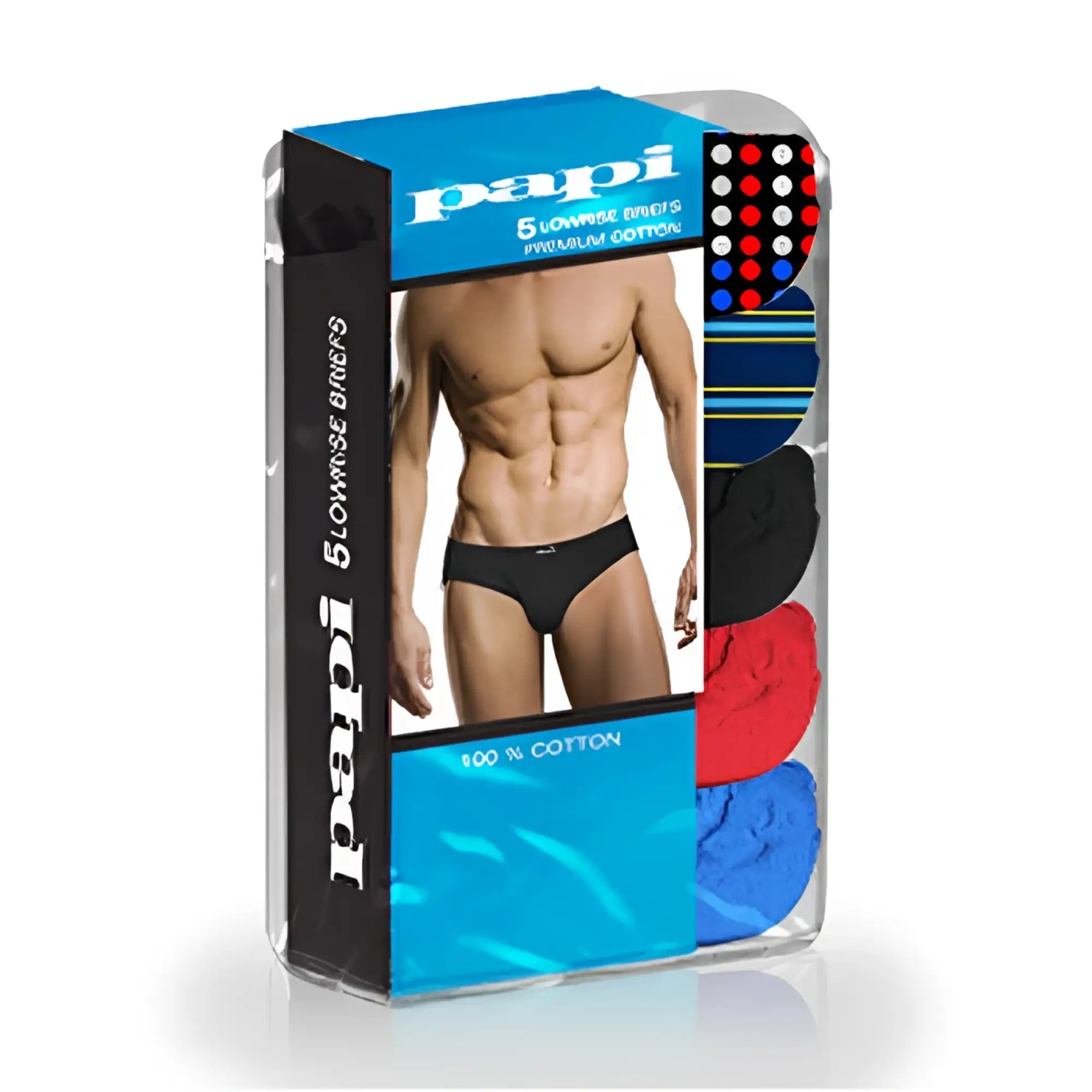 A 5 pack of papi assorted low rise brief underwear in black red and blue designed for men size medium