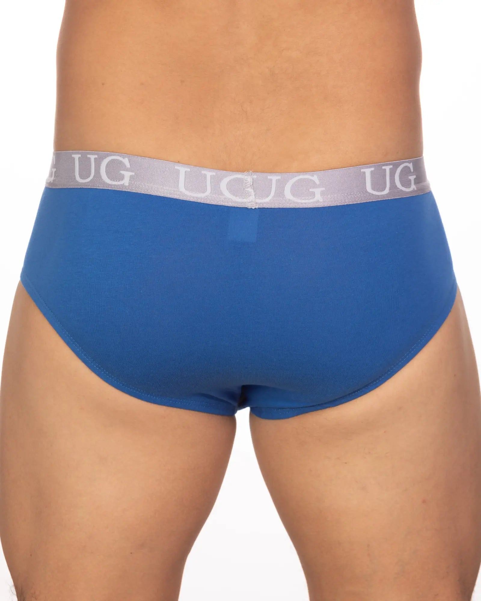 Blue undergear basix brief with gray ug logo waistband shown from the front in a 5-pack underwear set