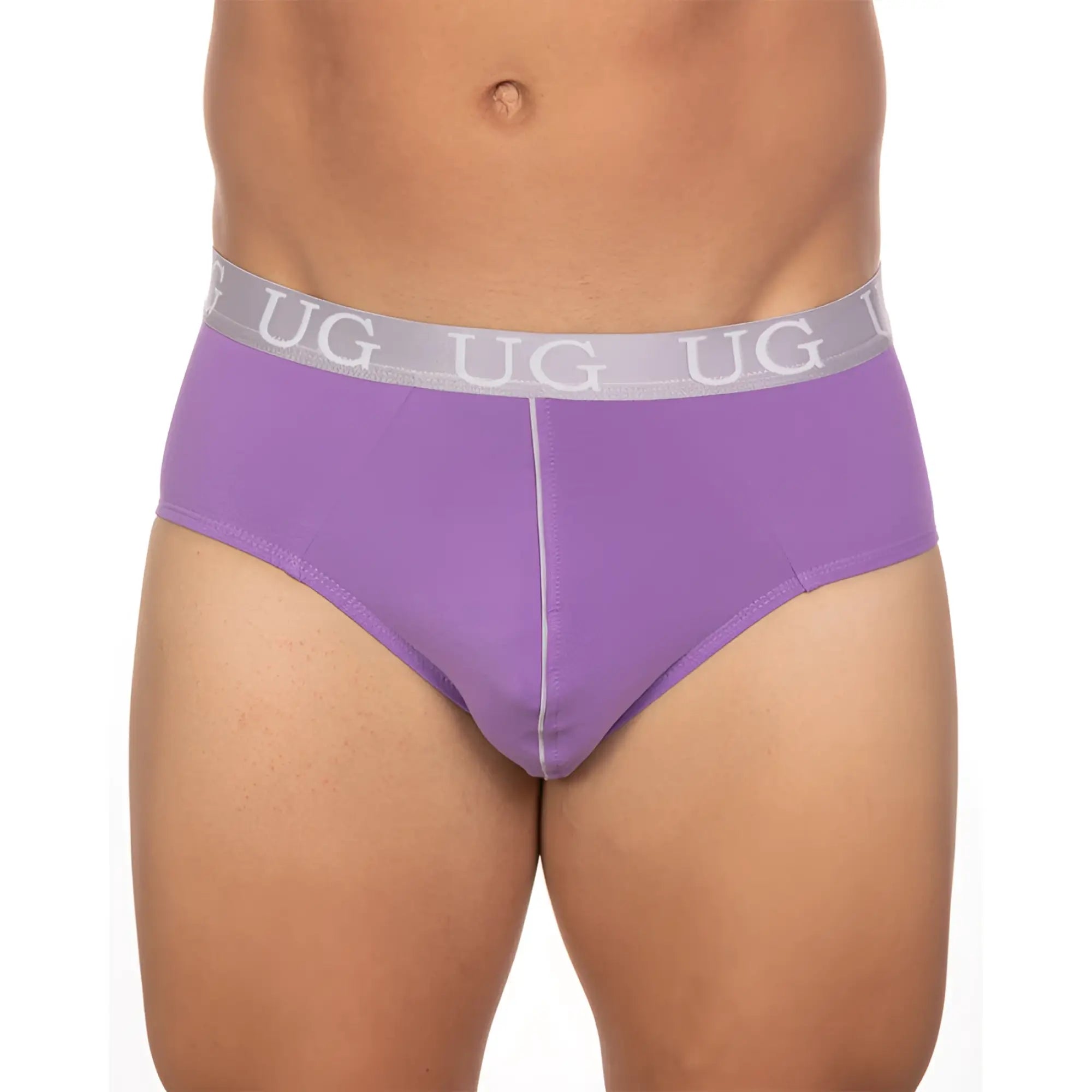 Purple undergear basix brief with gray waistband and white ug logo part of 5 pack underwear set