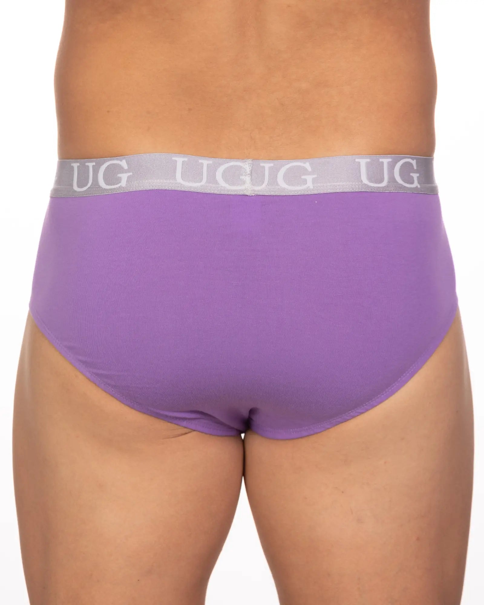 Purple undergear basix brief with ribbed texture and gray waistband featuring ug logo in 5 pack set