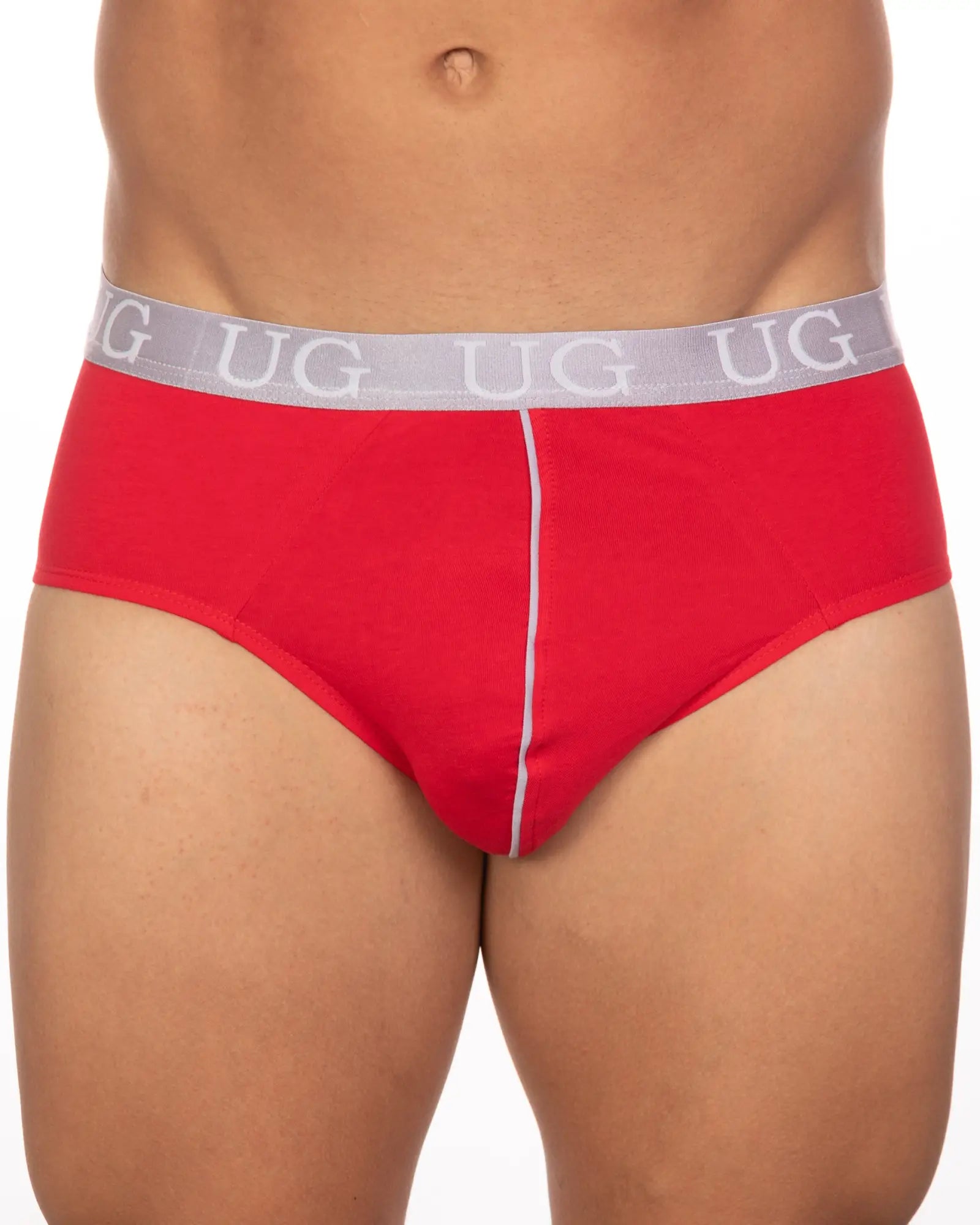 Red briefs with gray waistband featuring ug logo and white center seam from 5-pack Undergear Basix brief collection