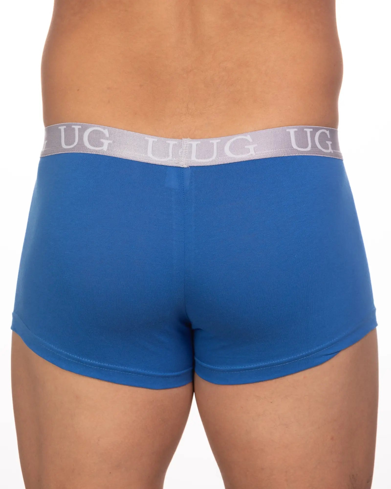Blue ug brand briefs with gray elastic waistband featuring repeating ug lettering from 5-pack undergear basix trunk