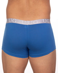 Blue ug brand briefs with gray elastic waistband featuring repeating ug lettering from 5-pack undergear basix trunk
