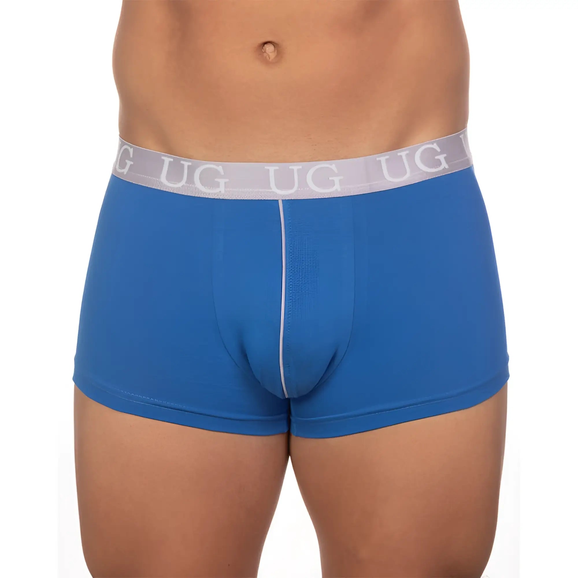 Blue undergear basix trunk underwear with white elastic waistband featuring repeated ug logo in 5 pack set