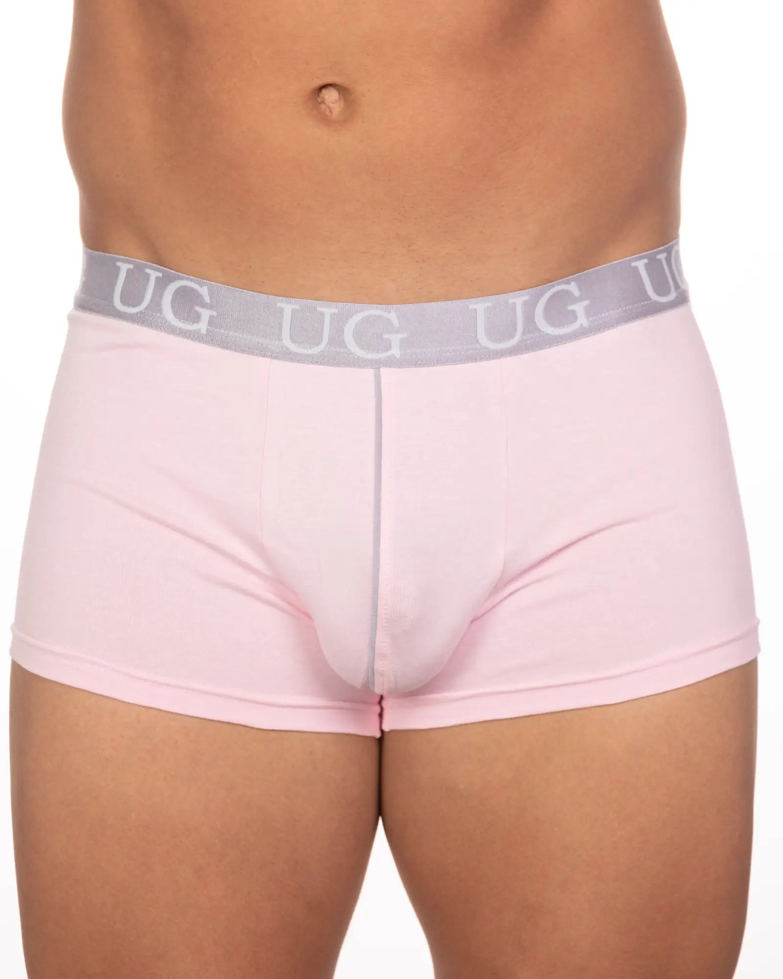 Pink ug brand briefs with gray waistband featuring repeating ug lettering from 5-pack undergear basix trunk set