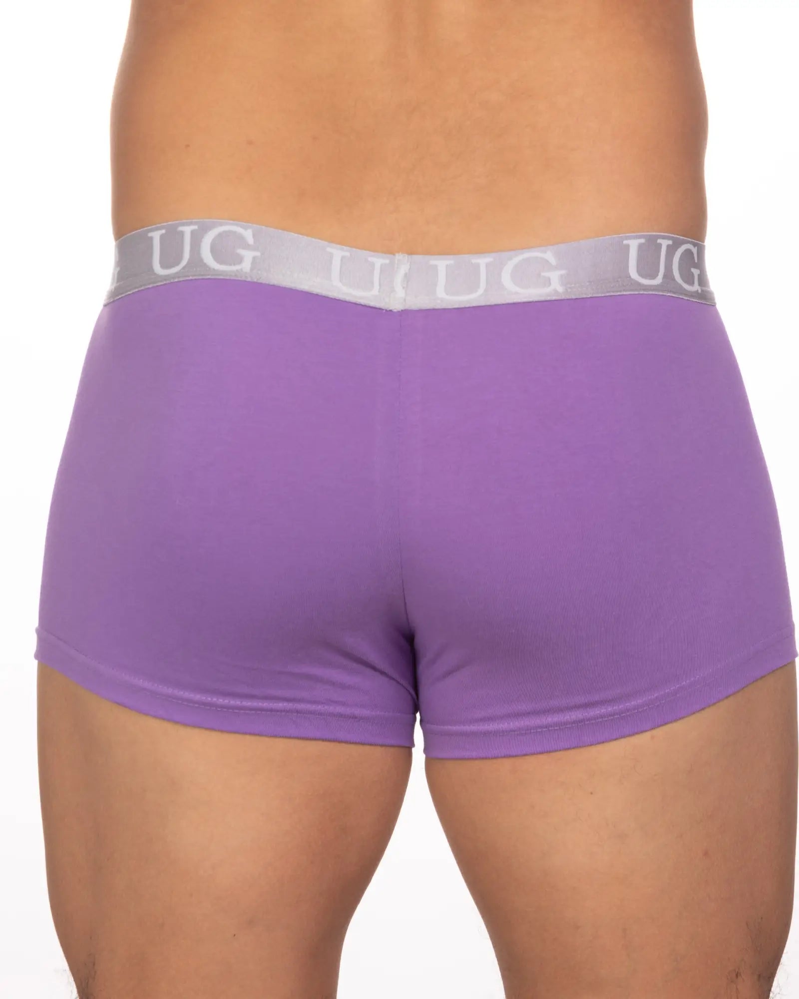 Purple ug brand briefs with gray waistband and white ug logo featured in 5 pack undergear basix trunk product