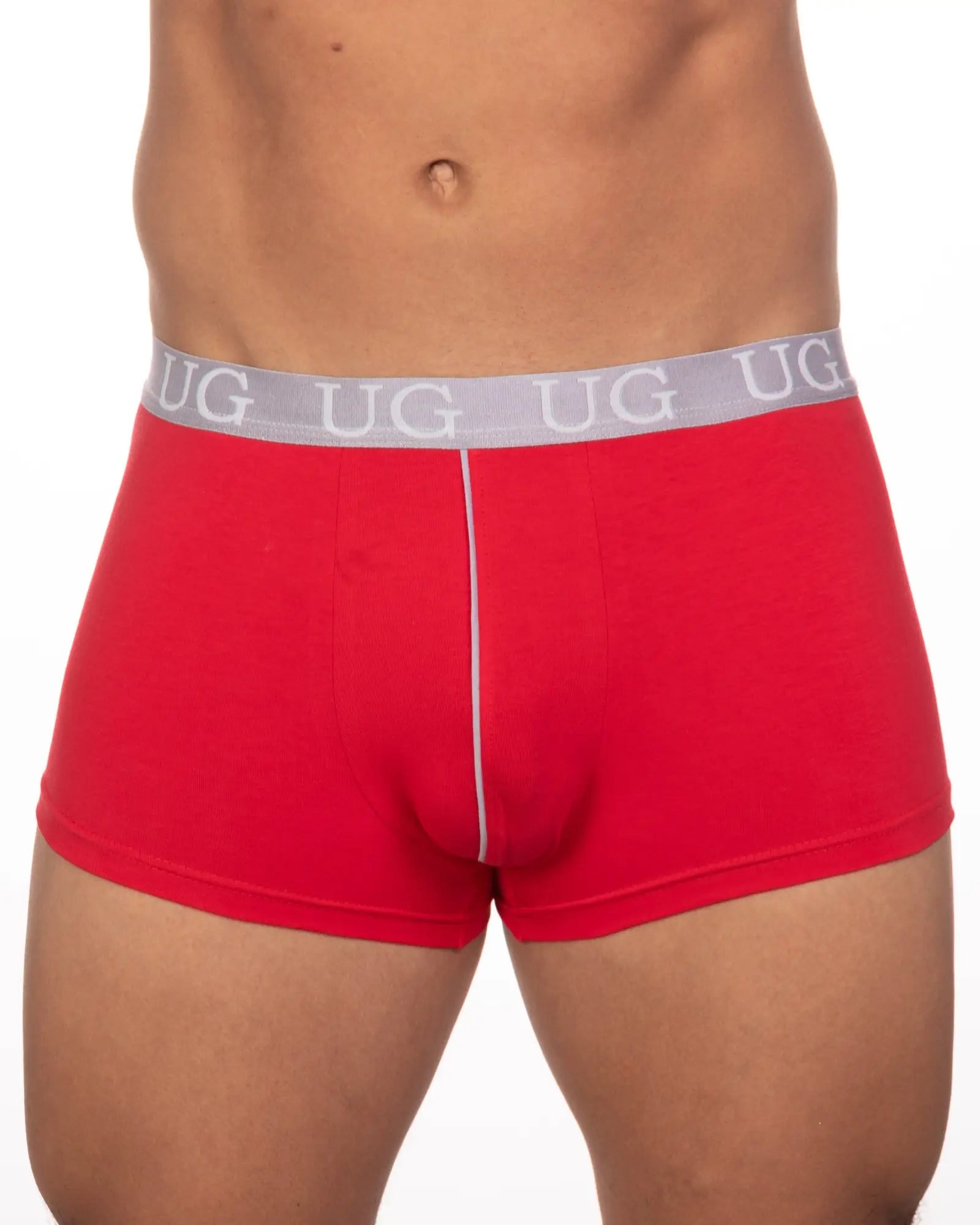 Red ug men’s briefs with gray waistband and white center seam from 5-pack undergear basix trunk collection