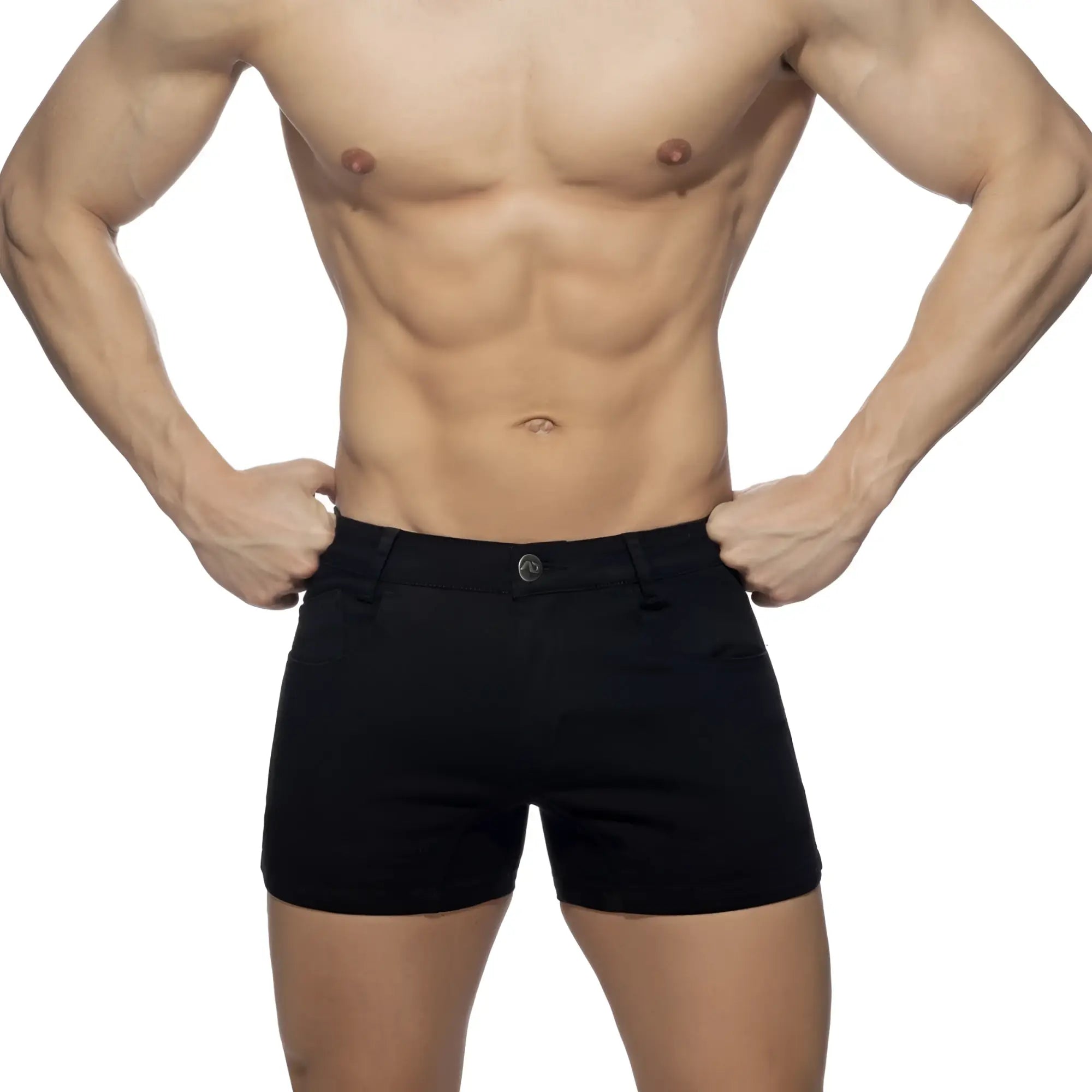 Black men’s 5 pockets summer shorts with a classic tailored fit and single button closure for warm weather wear